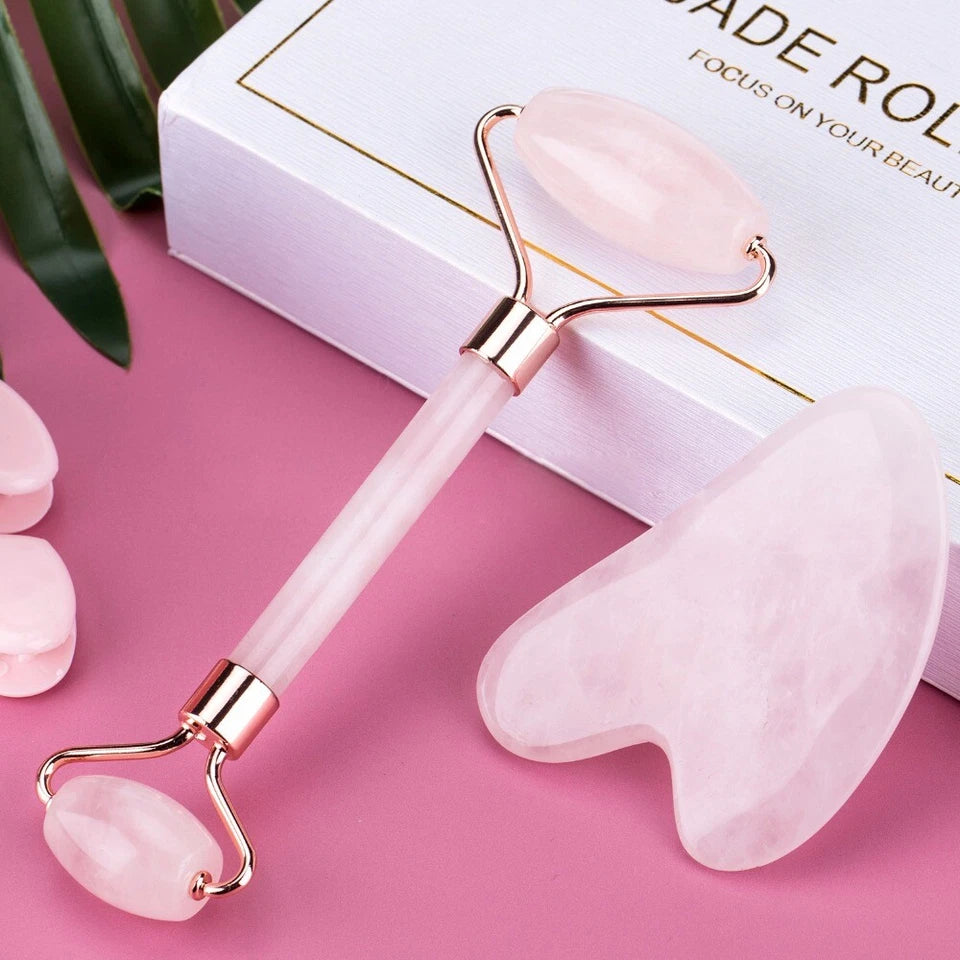 Natural Rose Quartz Facial Roller + Pink Heart-Shaped Pumice Stone Tool Set Massager-