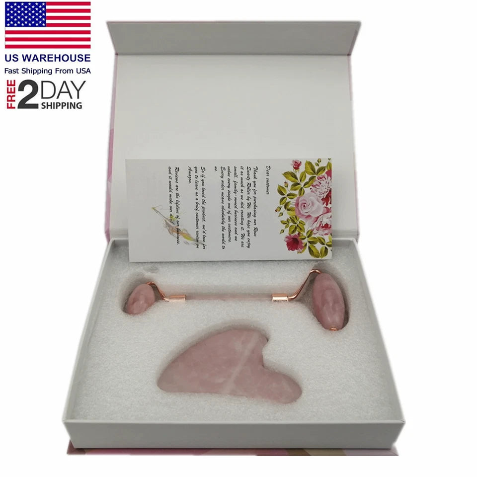 Natural Rose Quartz Facial Roller + Pink Heart-Shaped Pumice Stone Tool Set Massager-