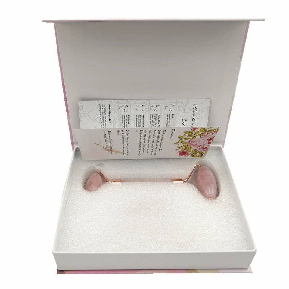 Natural Rose Quartz Facial Roller + Pink Heart-Shaped Pumice Stone Tool Set Massager-