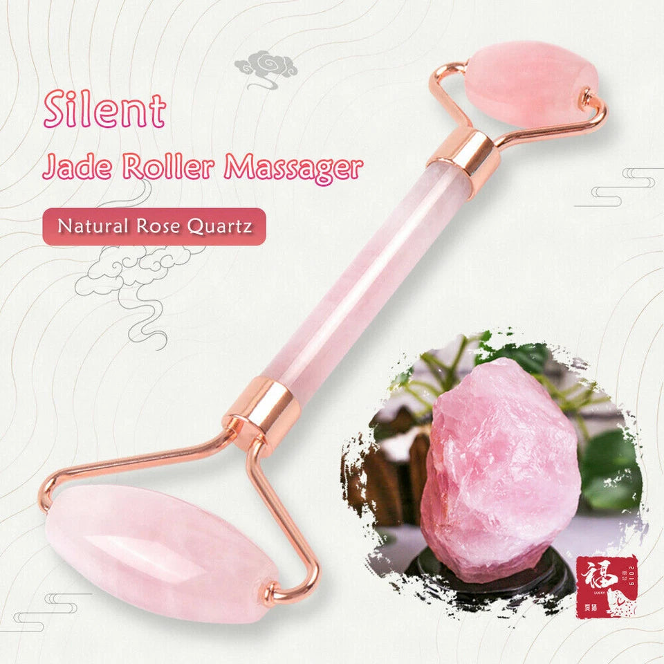Natural Rose Quartz Facial Roller + Pink Heart-Shaped Pumice Stone Tool Set Massager-