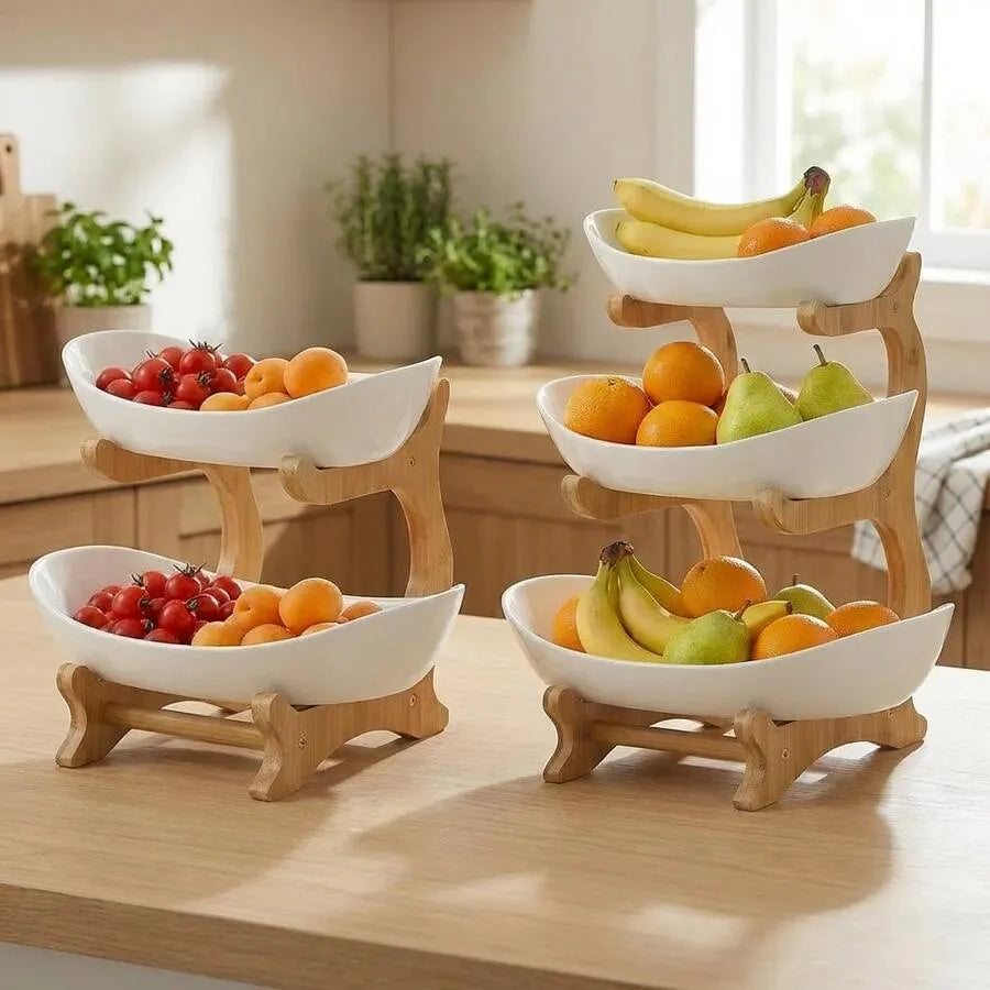 2 Tier Fruit Stand & Snack Storage Tray, Decorative Stand — Plastic Fruit Bowl Set for Kitchens and Dining Rooms — Multi-Tier Fruit, Snack, and Dessert Tray