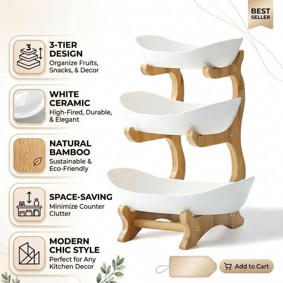 2 Tier Fruit Stand & Snack Storage Tray, Decorative Stand — Plastic Fruit Bowl Set for Kitchens and Dining Rooms — Multi-Tier Fruit, Snack, and Dessert Tray