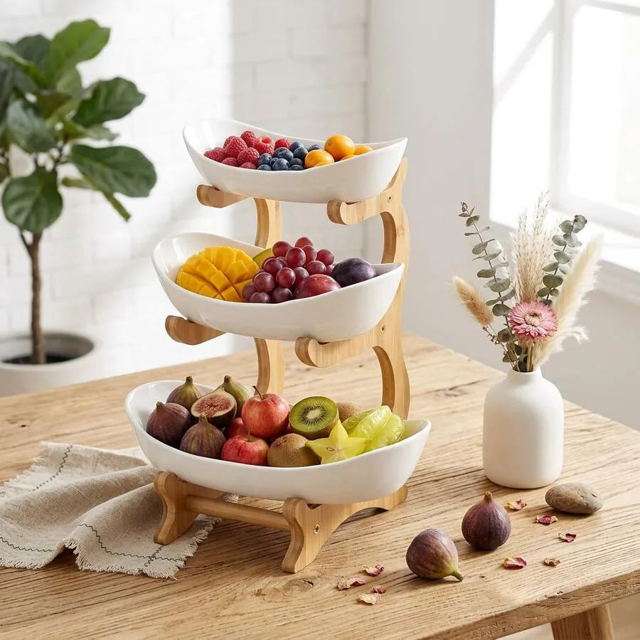 2 Tier Fruit Stand & Snack Storage Tray, Decorative Stand — Plastic Fruit Bowl Set for Kitchens and Dining Rooms — Multi-Tier Fruit, Snack, and Dessert Tray